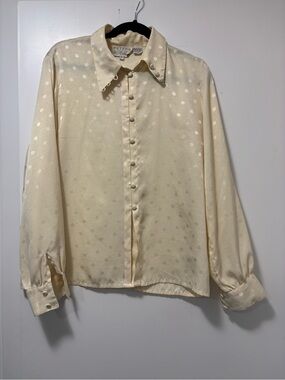 Vintage Peters & Ashley Cream Polka Dot Satin Button-Up Blouse